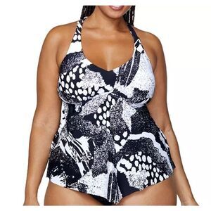 Raisins Aviva Diamond Head Plus Size Tankini Swim Top Racerback Black White  14W